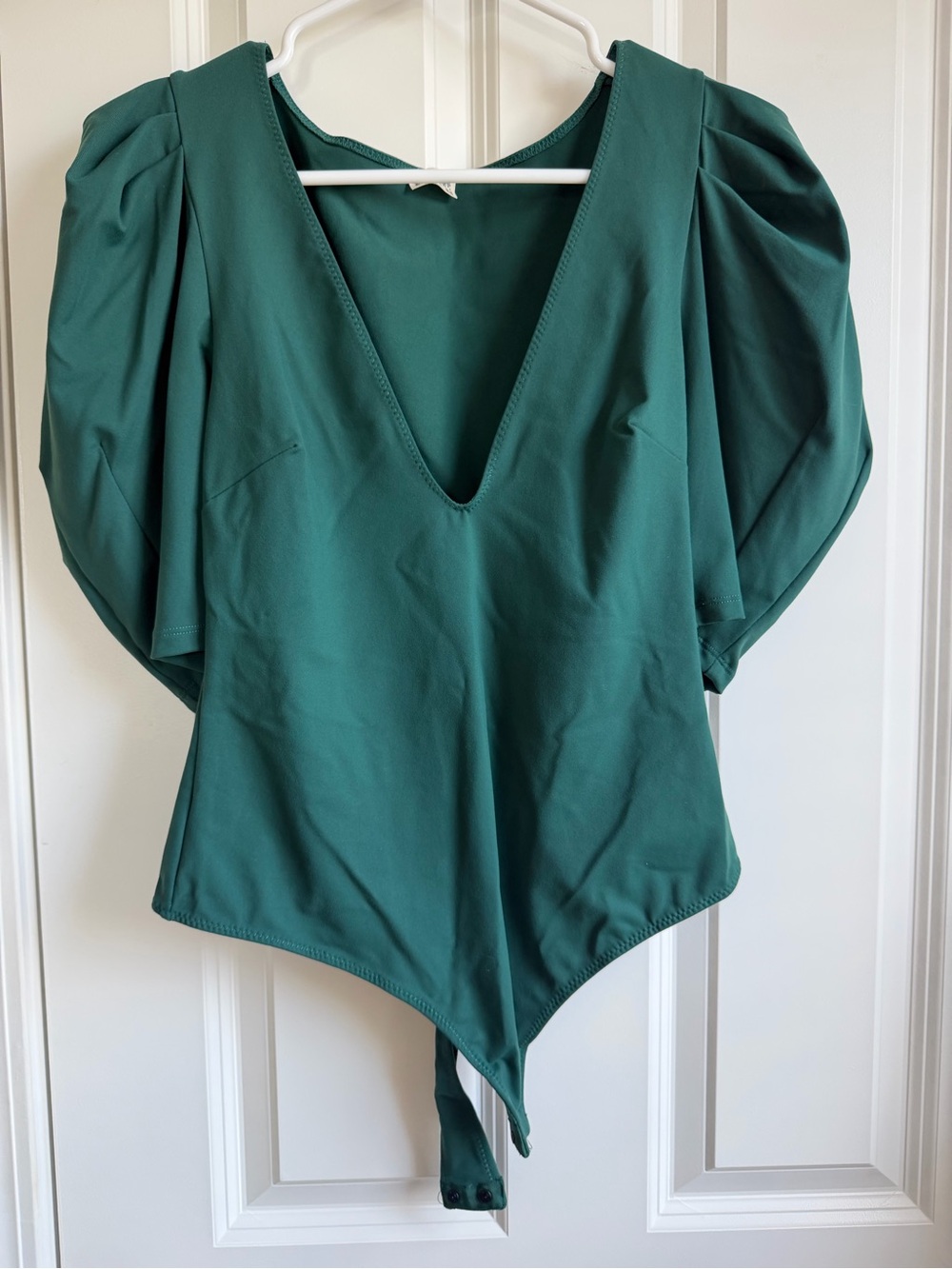 Free People Emerald Green V-Neck Puff Sleeve Bodysuit